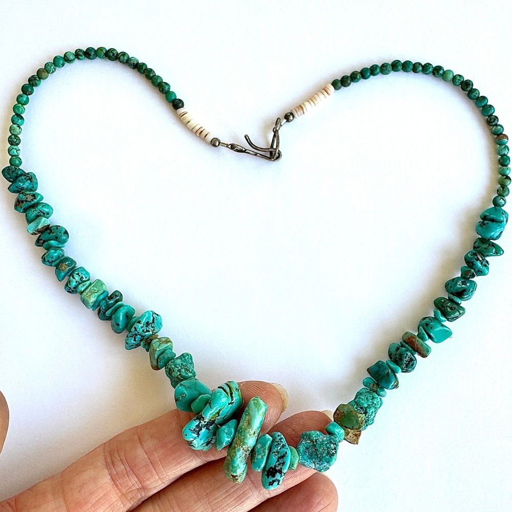 VTG‎ Navajo Turquoise Necklace 27g Funky Nugget 18in Bead Sterling Hook 1960s
